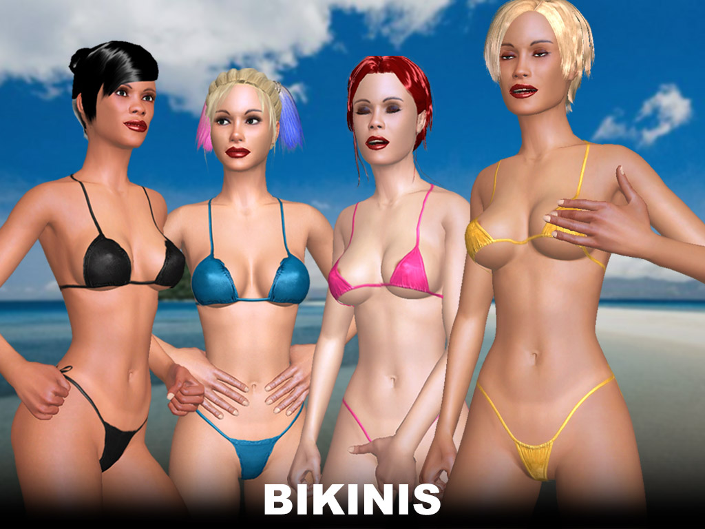 four happy beauties wearing thin bikinis, which Don't hide too much