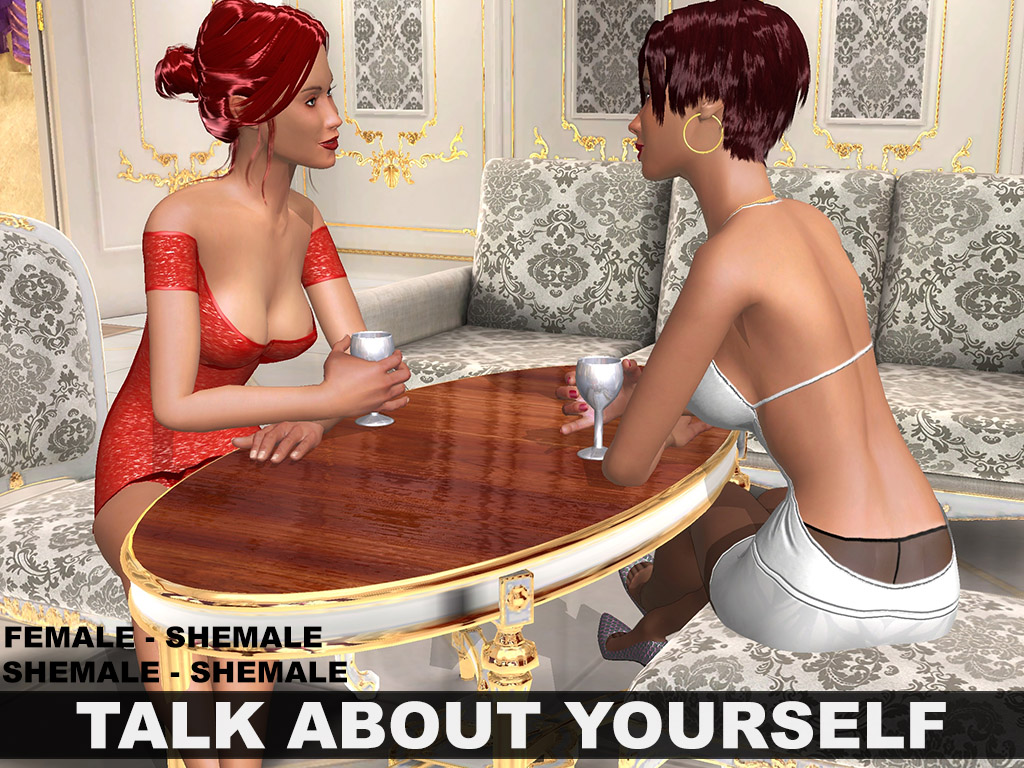 two skinny sexy babes sitting at a table are chatting in porngame AChat Talk About Yourself