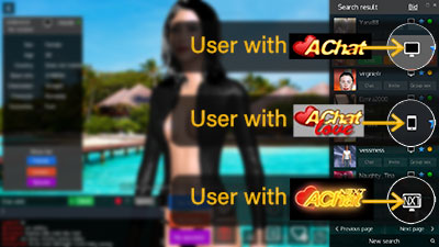 partner search users in achat, achat love, achat next marked with different symbols