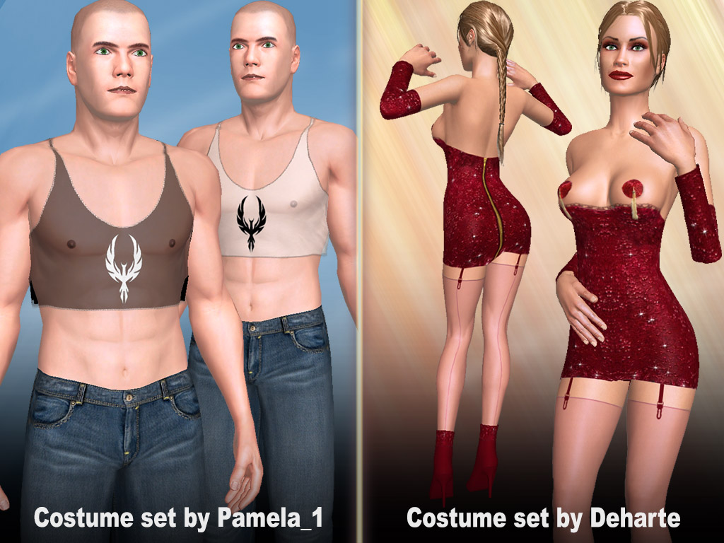 Costumes belly visible for man and tits visible with decors on nipples for woman