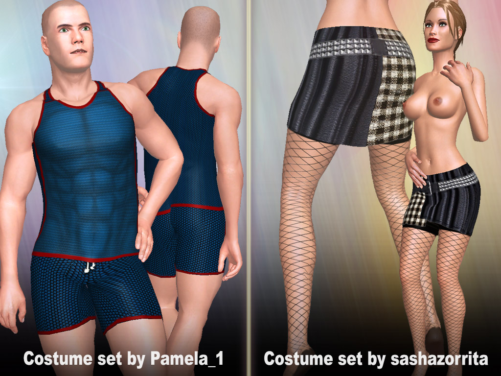 Costume blue for males and skirt with fishnet stockings for females