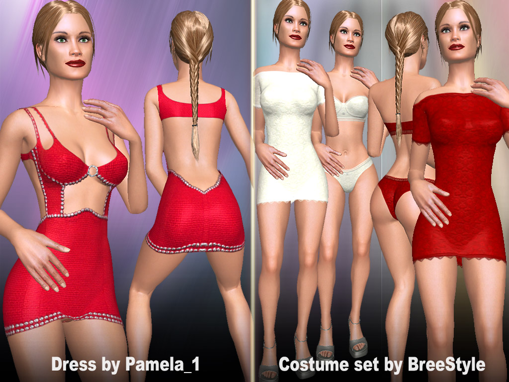 Female Dress which lets show much part of body and red white Costume Set for best porn games