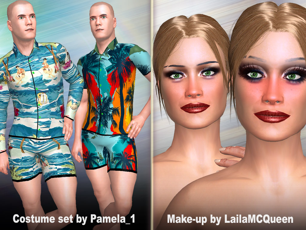 male costume sets with palms and beach motives and female make-ups best suited for love games