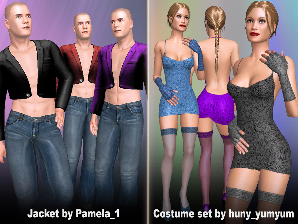 male jeans and jacket combo and female Costume sets in purple gray blue colors