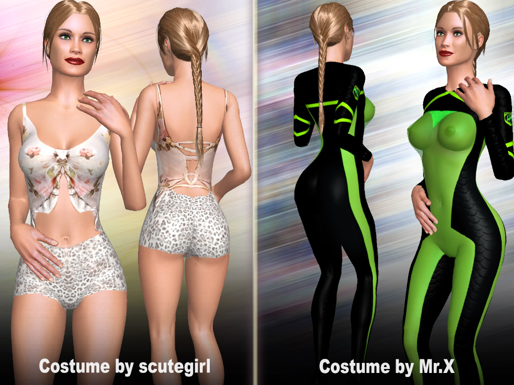 see through overall black with stripes for girls and costume made from light cloth, both optimally usable  for virtual 3D sex