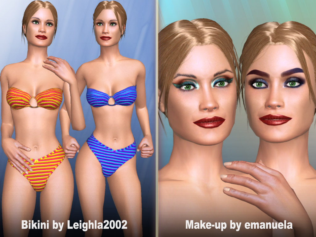 Bikini in blue and orange colors and Make-ups