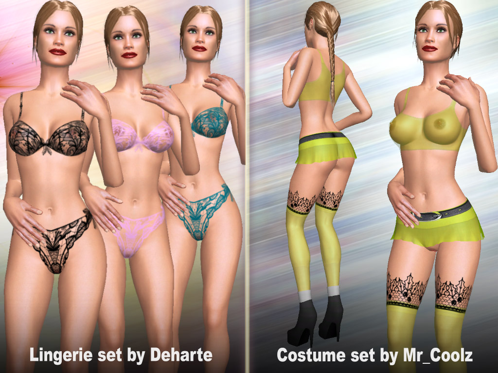 Sexy lingerie sets in 3 colors optimal for kissing before virtual fuck and a costume set