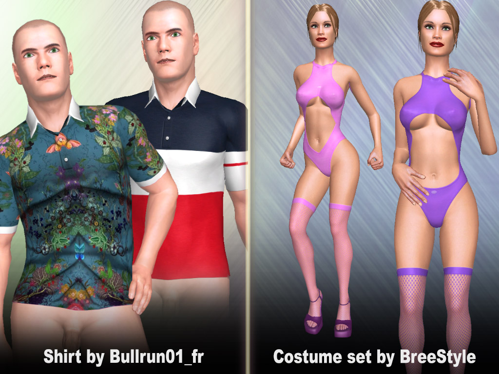 1233-rd AChat upgrade: female costume set showing camel toe and male Sexy shirt with flowers and strips